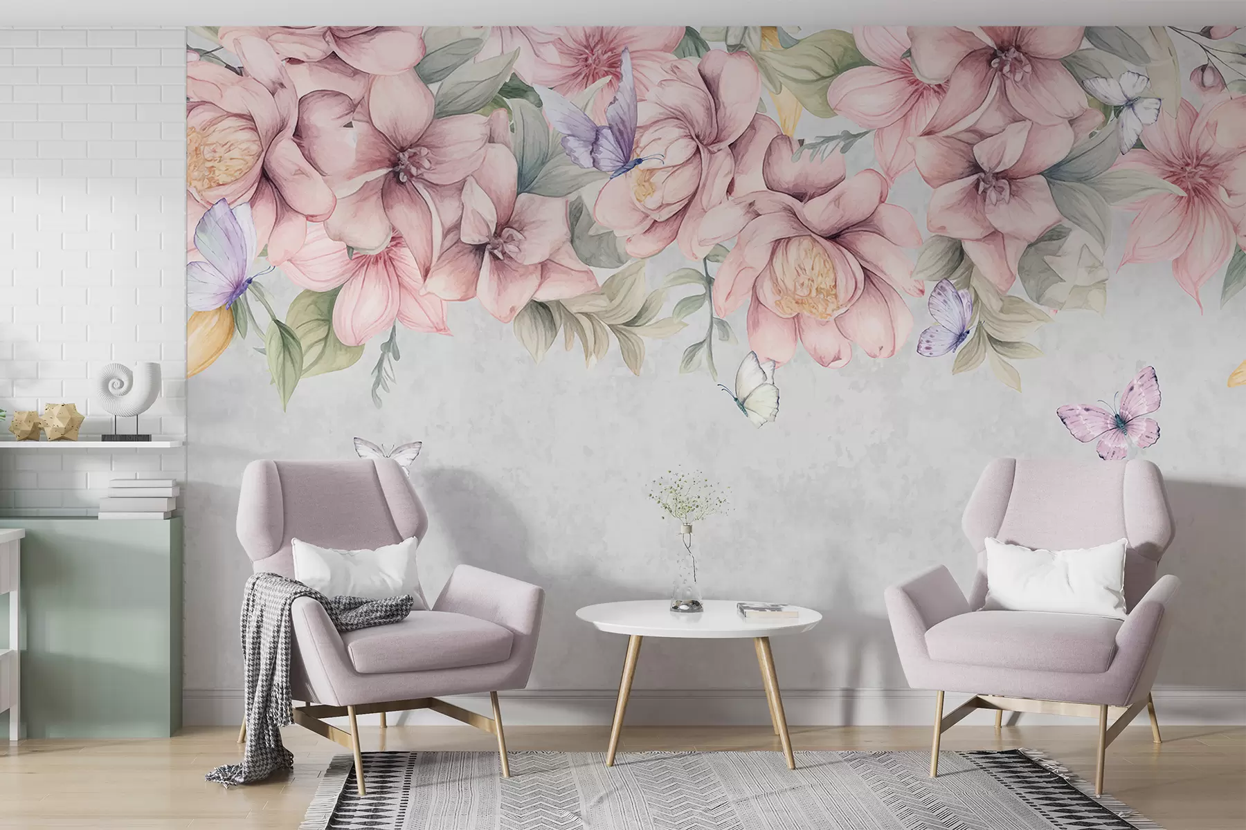 murales de pared Suaves flores rosas y blancas con delicadas flores y hojas sobre fondo gris texturizado w08331