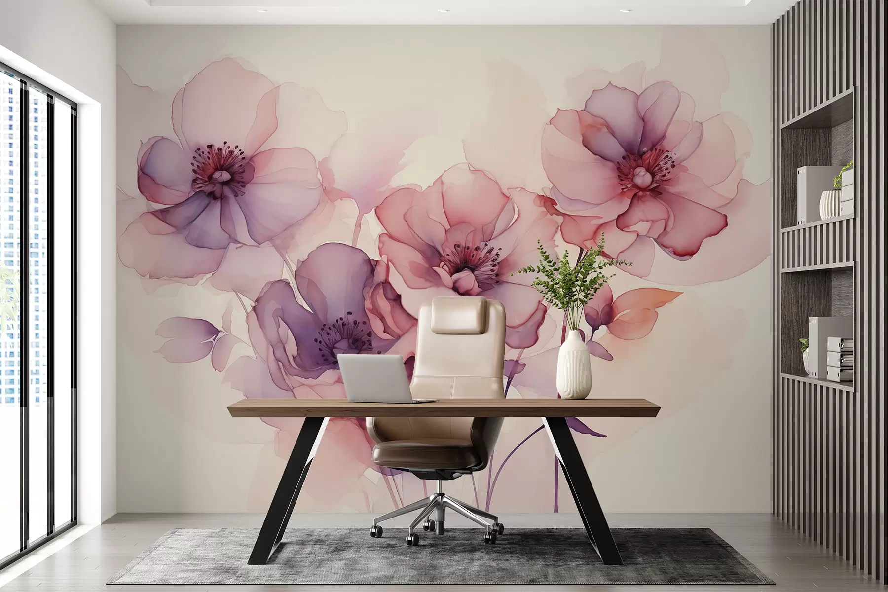 murales de pared Flores translúcidas de acuarela húmeda, color rosa púrpura w01776