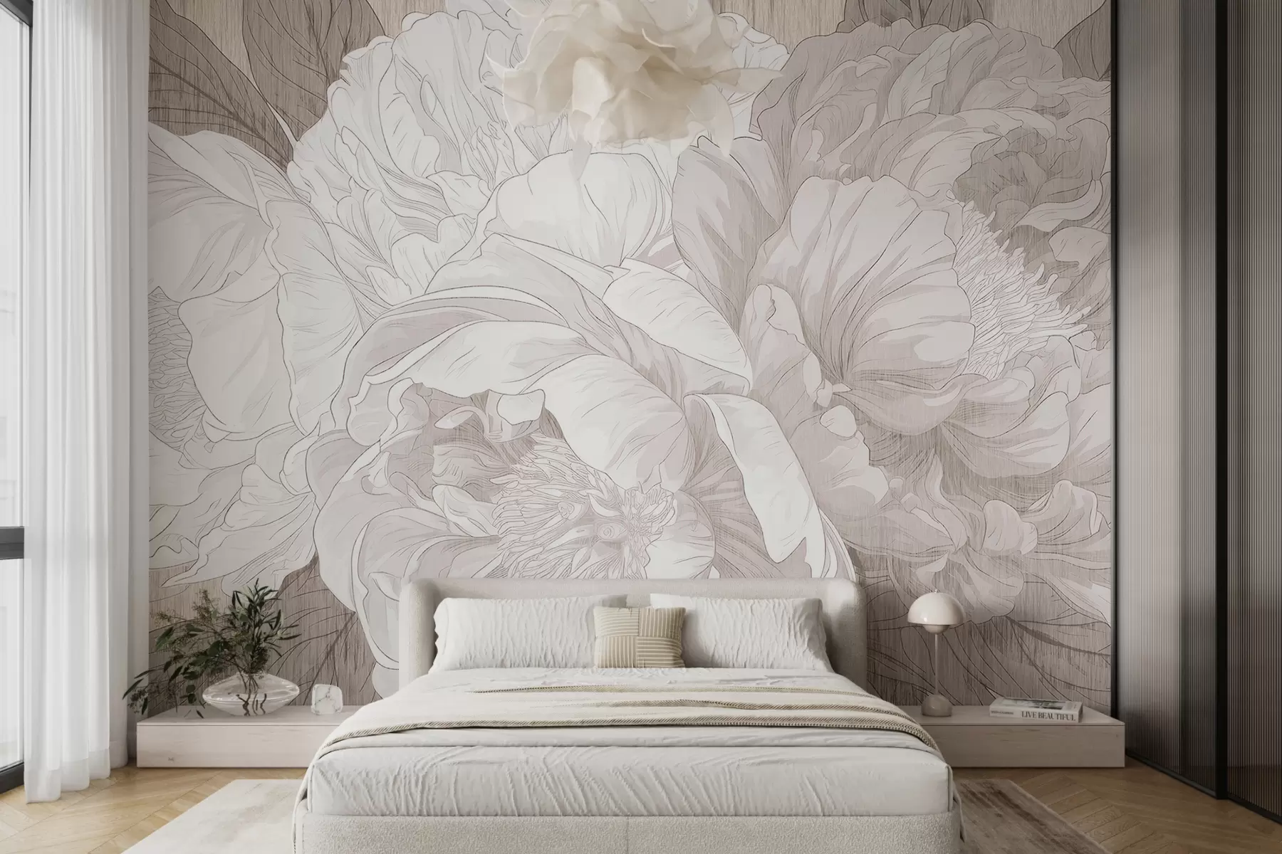 murales de pared Grandes flores de peonía texturizadas en tonos beige w01141