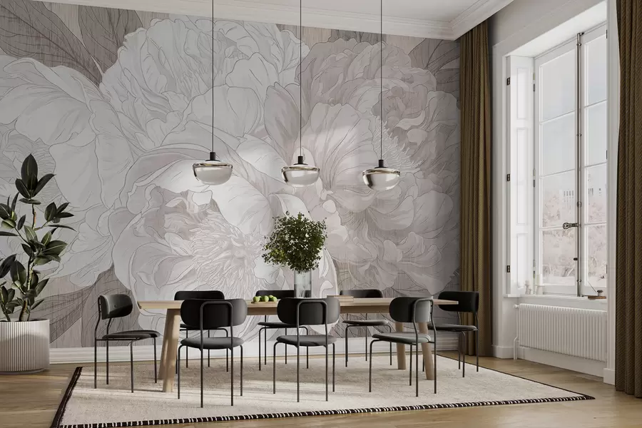 murales de pared Grandes flores de peonía texturizadas en tonos beige w01141