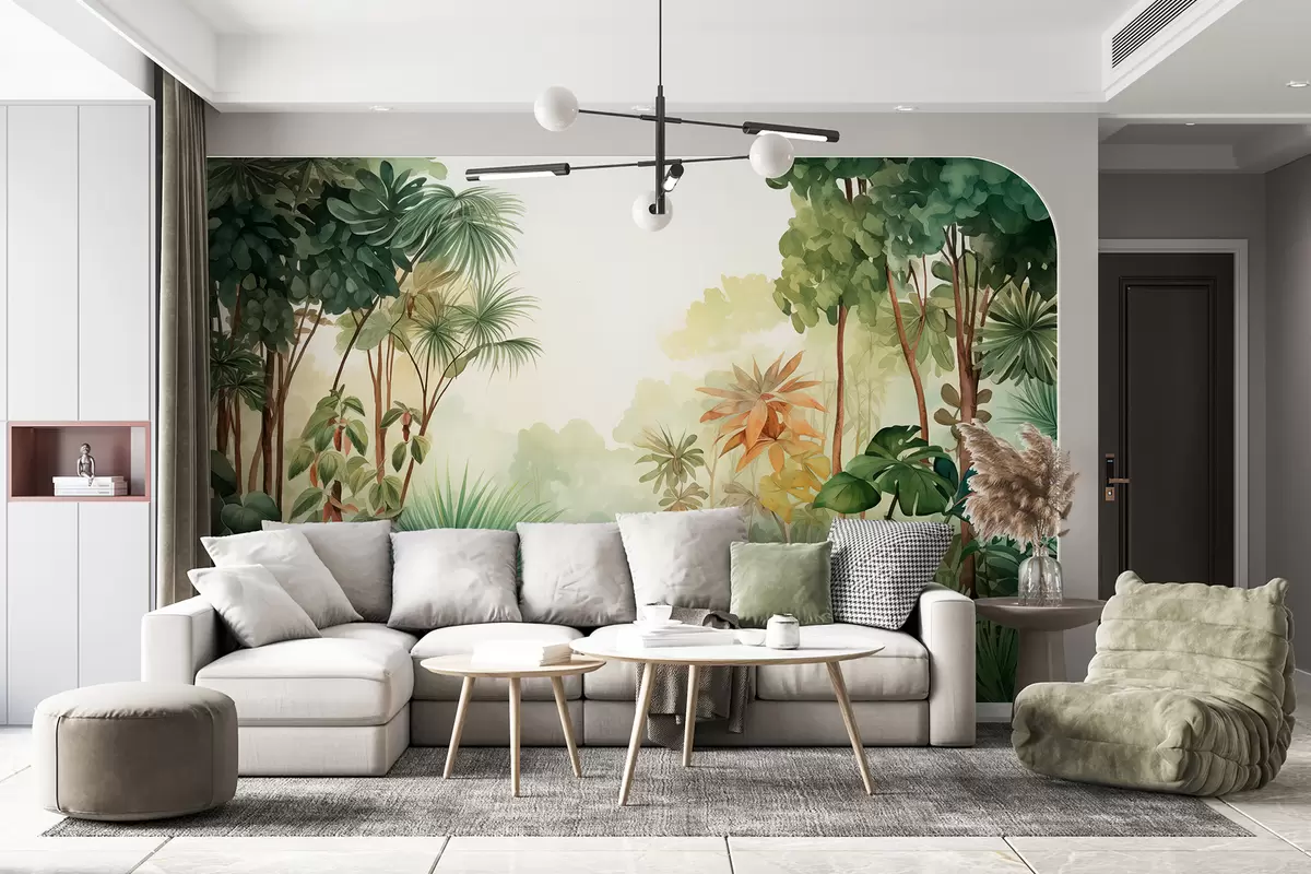 murales de pared Acuarela selva bosque, palmeras, lago, vegetación w01784