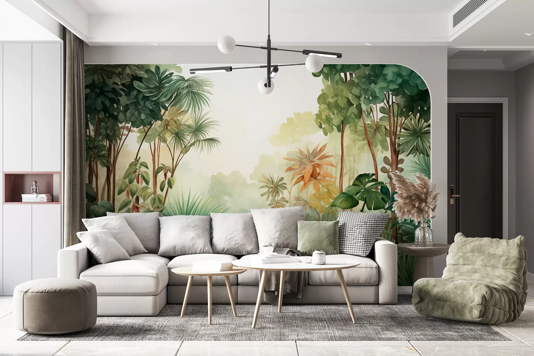 murales de pared Acuarela selva bosque, palmeras, lago, vegetación w01784