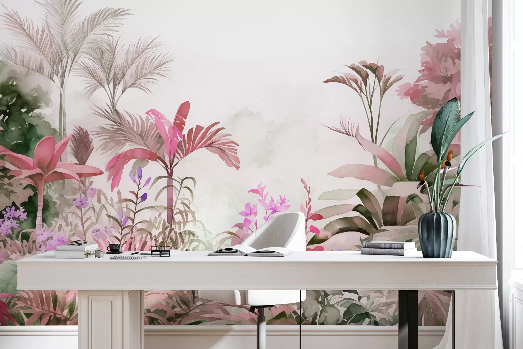 murales de pared Selva, acuarela, palmeras, floral, colores rosados w01785v1