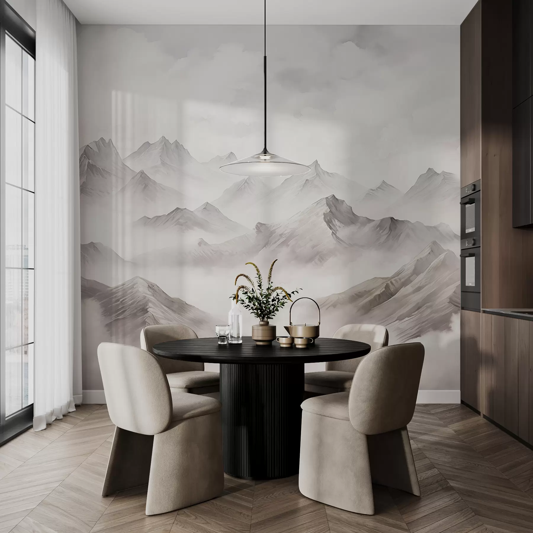 murales de pared Montañas con nubes, acuarela, colores grises suaves w01790v1