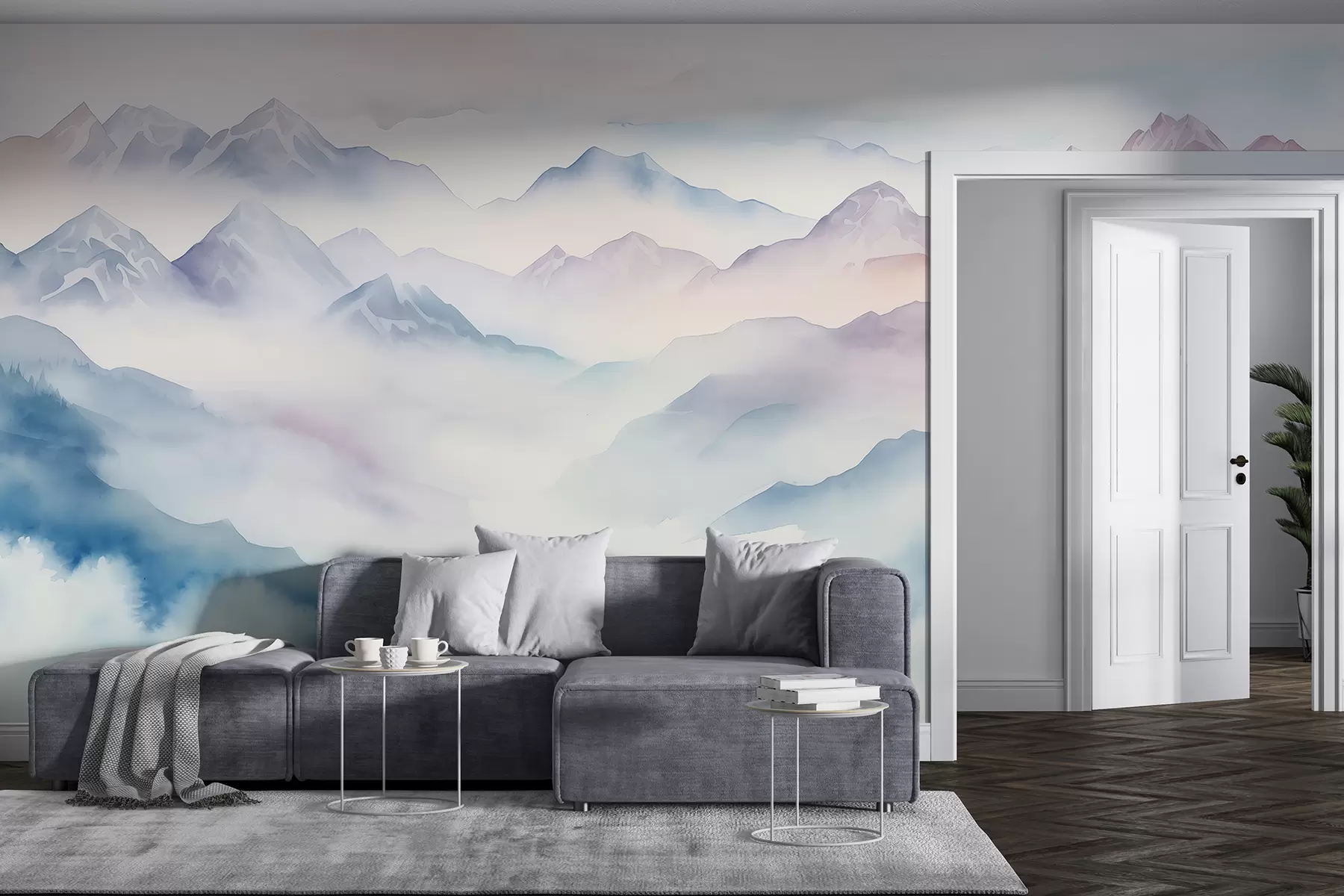 murales de pared Paisaje de montañas etéreas, nubes, acuarela w01791