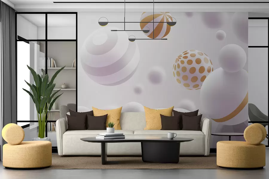 murales de pared Esferas volantes volumétricas de estilo 3D en tonos grises claros con toques naranjas w01148