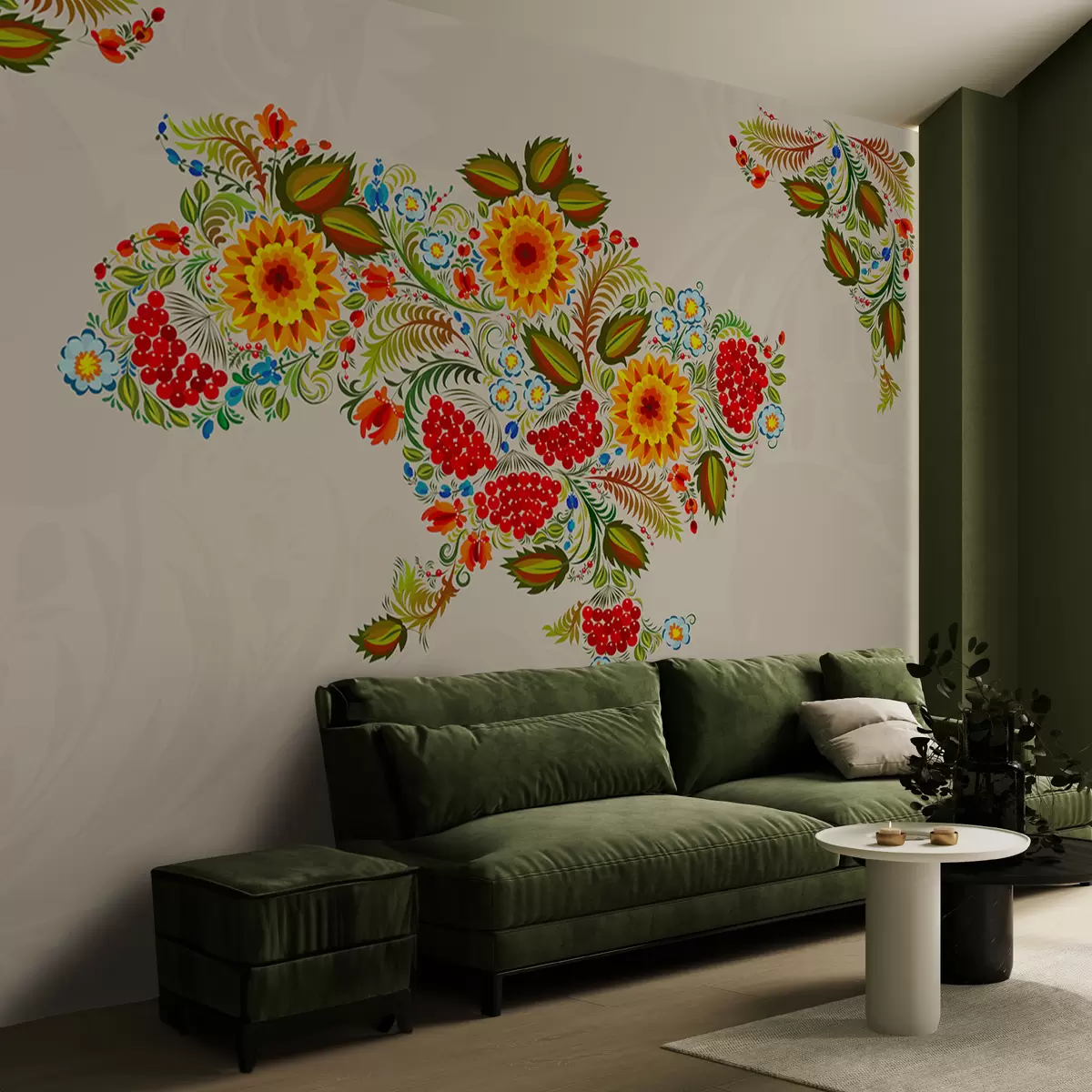 murales de pared Mapa de Ucrania pintado al estilo de Petrikov sobre fondo beige claro w01149