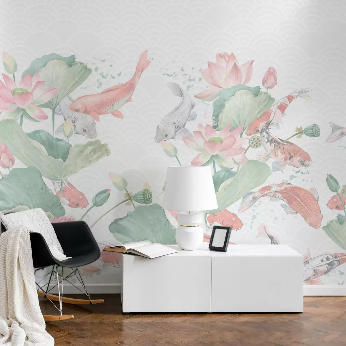 murales de pared Peces koi y olas japonesas w01821