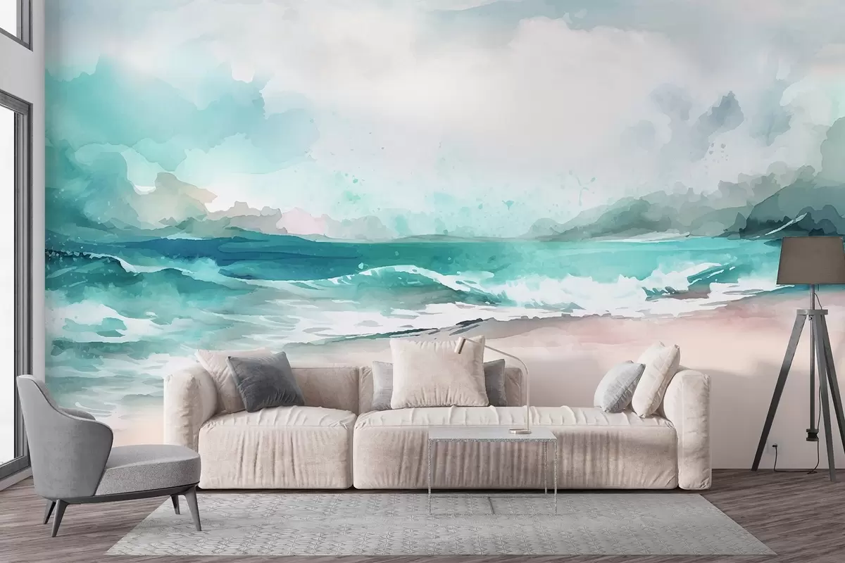murales de pared Un sereno paisaje de playa con olas rompiendo, una orilla arenosa y un cielo nublado en tonos azules, verdes y beige w08343