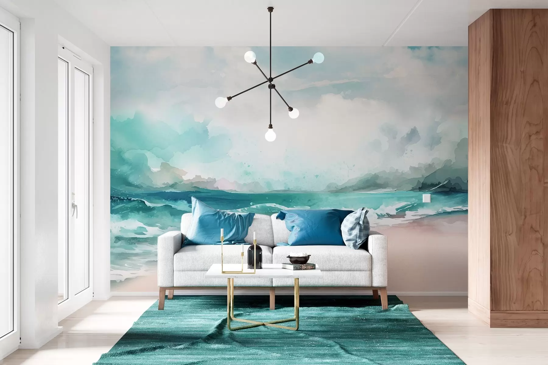 murales de pared Un sereno paisaje de playa con olas rompiendo, una orilla arenosa y un cielo nublado en tonos azules, verdes y beige w08343