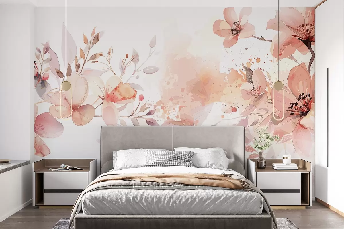 murales de pared Un ramo de delicadas flores blancas y melocotón con pétalos suaves y difuminados sobre un fondo de acuarela ligero y vaporoso w08348