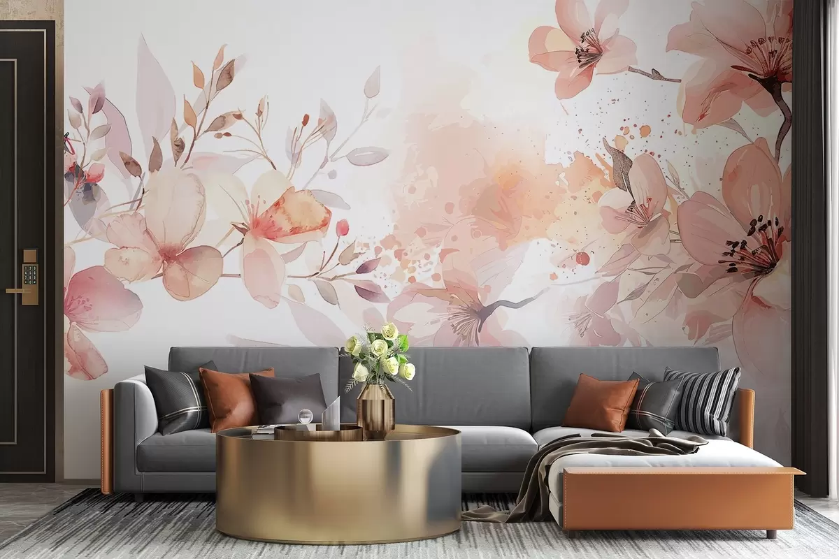 murales de pared Un ramo de delicadas flores blancas y melocotón con pétalos suaves y difuminados sobre un fondo de acuarela ligero y vaporoso w08348