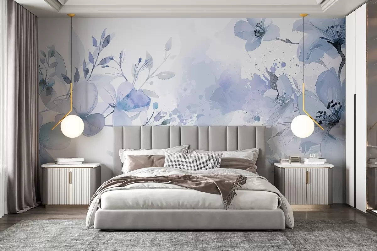 murales de pared Un ramo de delicadas flores azules y blancas con pétalos suaves y difuminados sobre un fondo de acuarela ligero y aireado w08348v1