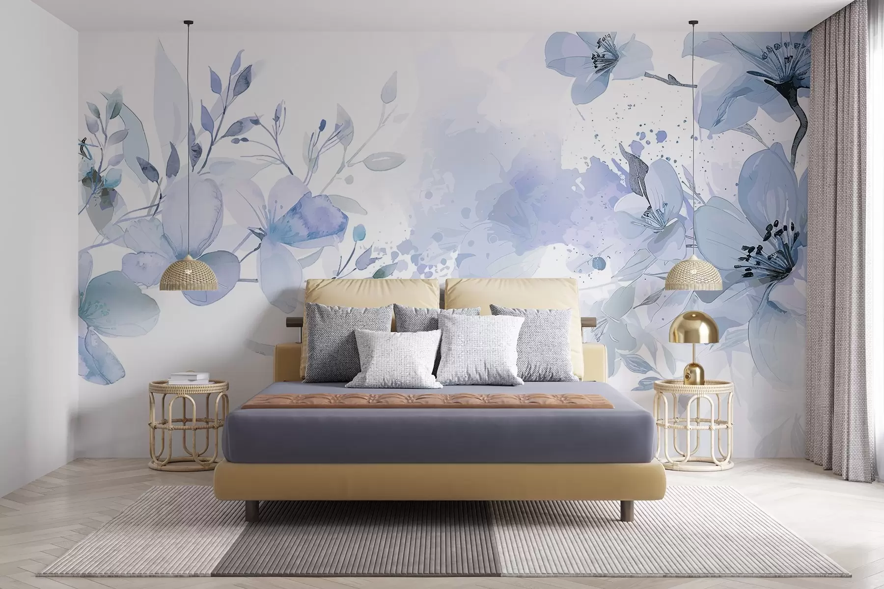 murales de pared Un ramo de delicadas flores azules y blancas con pétalos suaves y difuminados sobre un fondo de acuarela ligero y aireado w08348v1