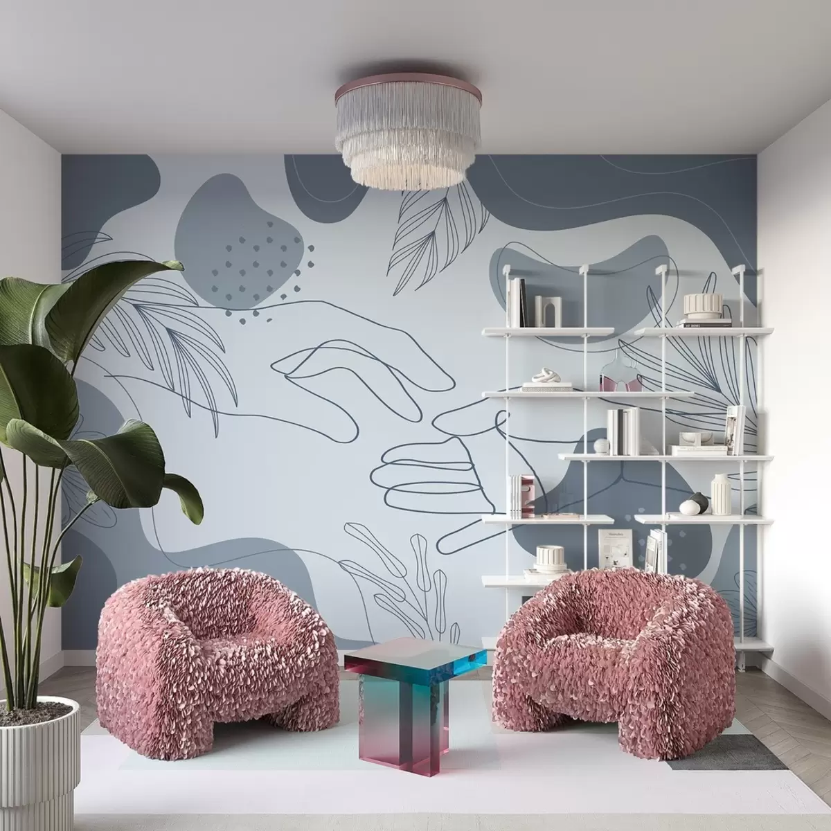 murales de pared Vector, manos lineales, manchas, color azul w08353