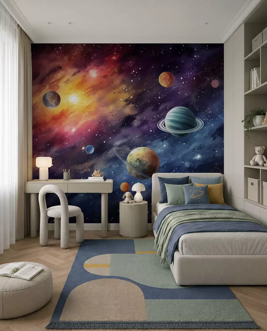 murales de pared Espacio con planetas y estrellas, acuarela, cósmico w01798