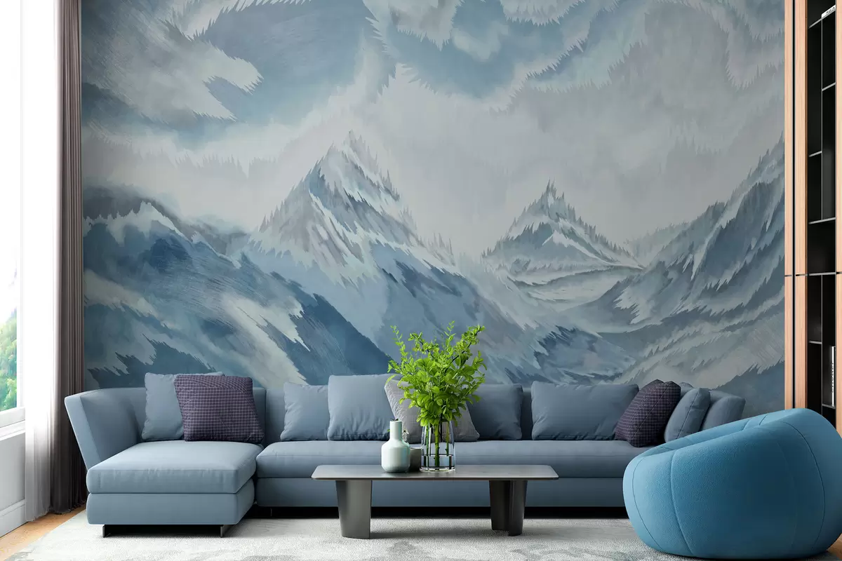 murales de pared Ventisca en las montañas en estilo grunge y color azul claro w01763