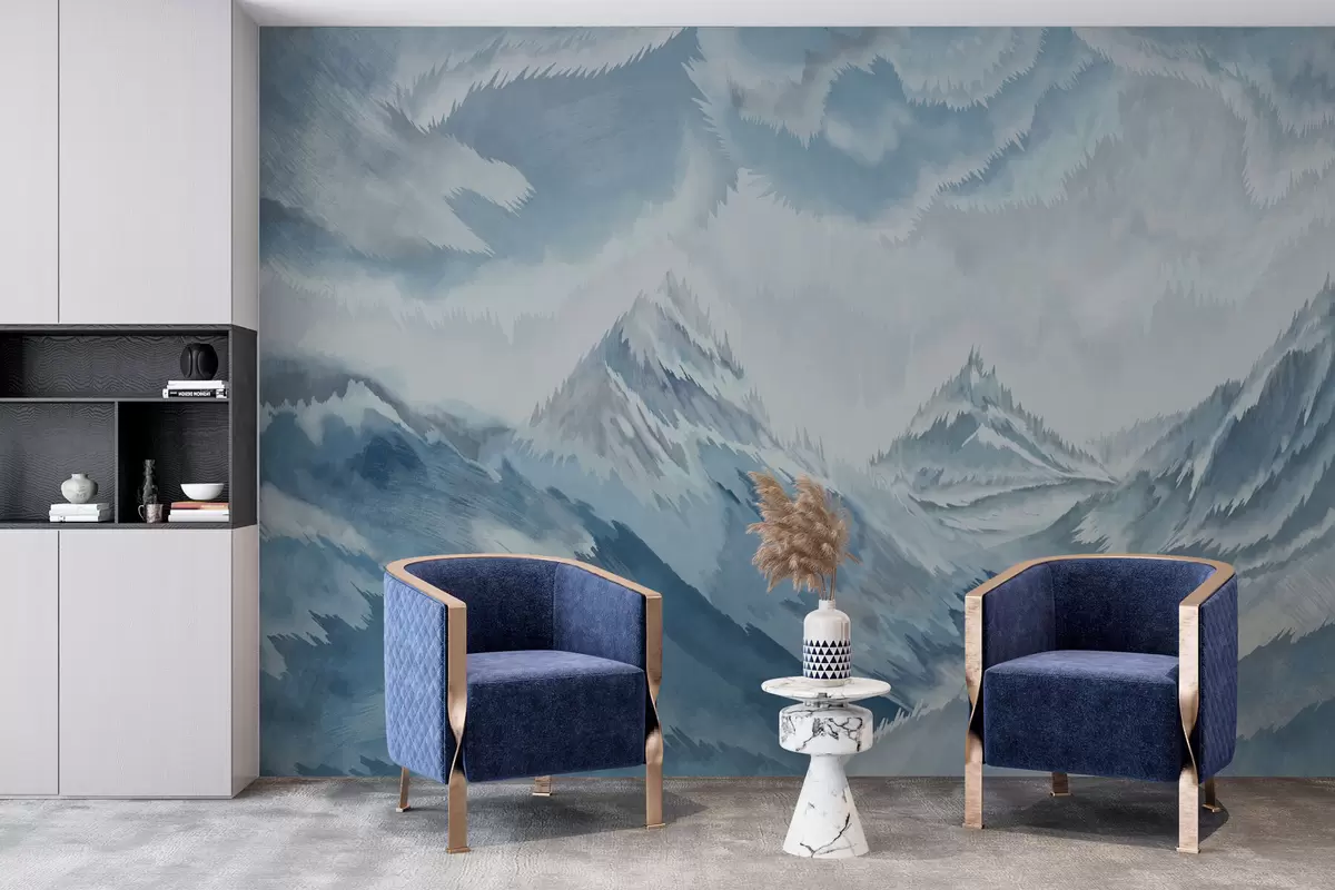 murales de pared Ventisca en las montañas en estilo grunge y color azul claro w01763