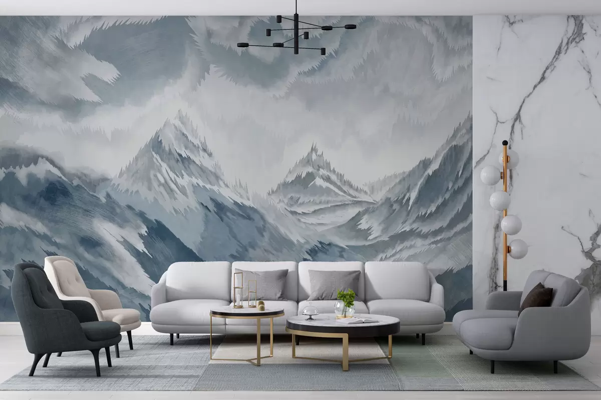 murales de pared Ventisca en las montañas en estilo grunge y color azul w01763v3