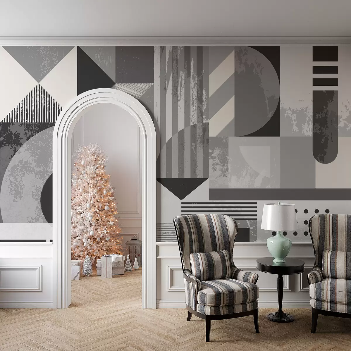 murales de pared Moderno diseño geométrico en blanco y negro y colores hueso w01832