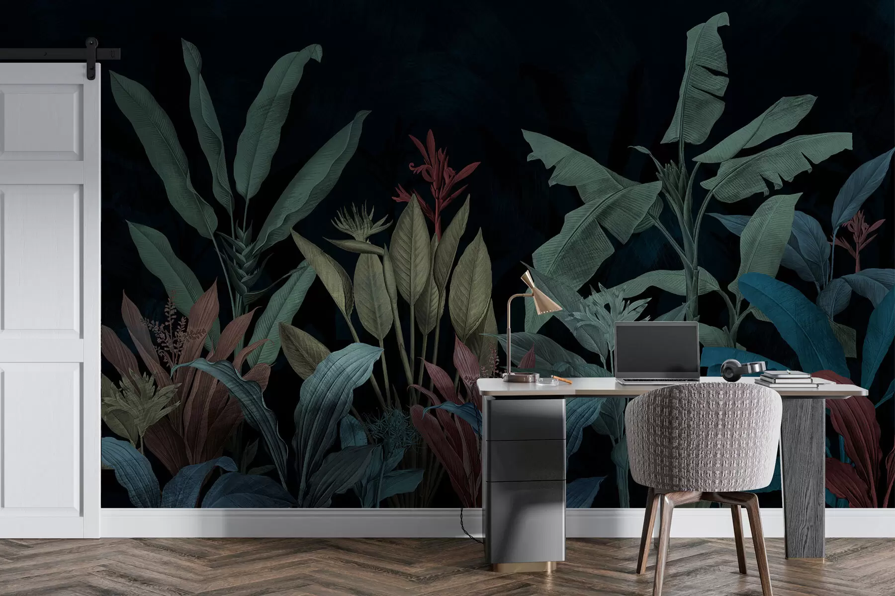 murales de pared Hojas y flores tropicales sobre fondo oscuro w01834