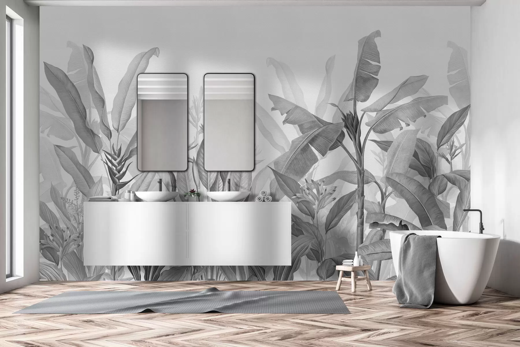 murales de pared Hojas y flores tropicales en blanco y negro sobre fondo claro w01834v3