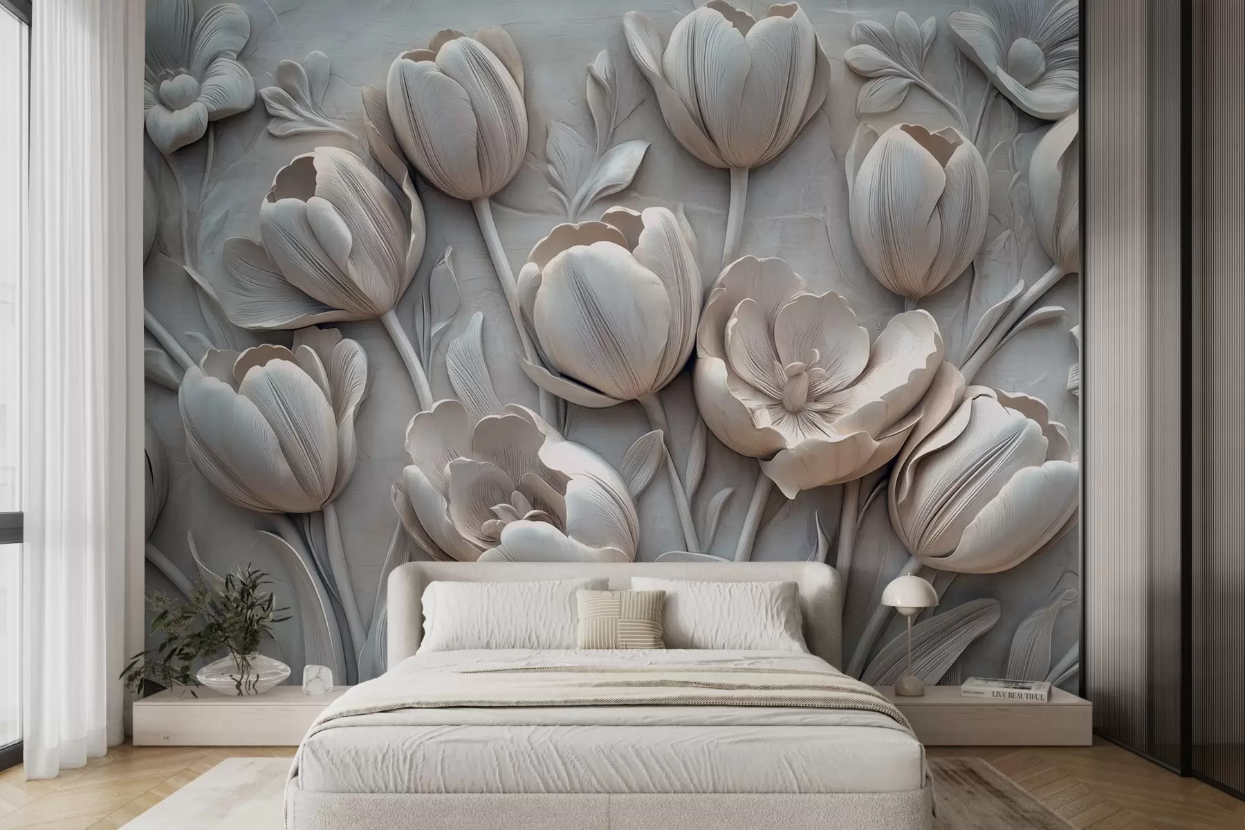 murales de pared arte floral en 3D con elegantes tulipanes en color gris w01851v1