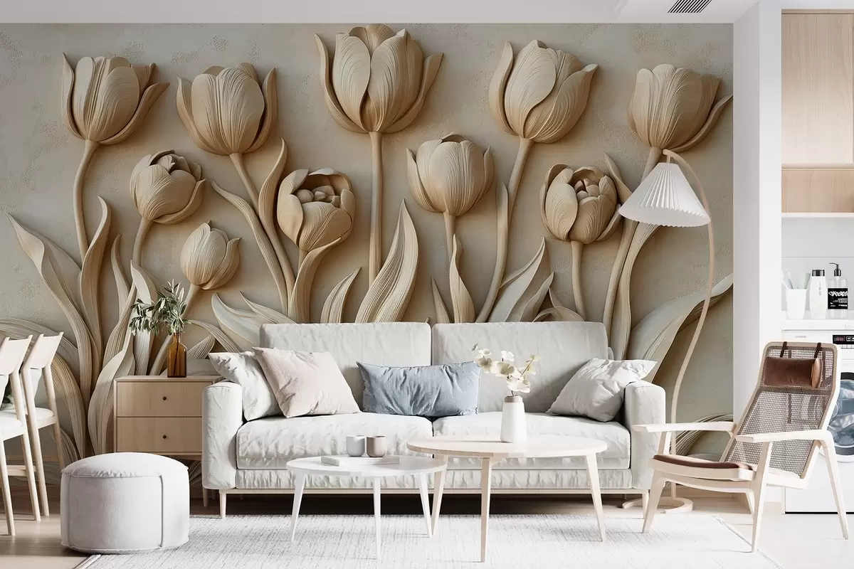 murales de pared Arte floral con hermosos tulipanes en una paleta de colores beige w01852