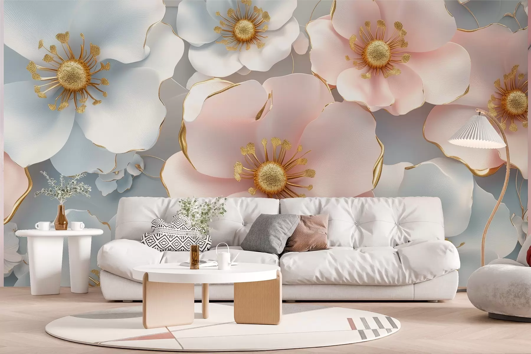 murales de pared Flores abstractas azules y rosas con acentos sobre un fondo elegante en colores suaves w01855