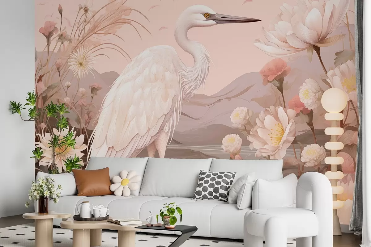 murales de pared Hermoso pájaro blanco en flores, peonías, estanque, colores rosa suave w01882