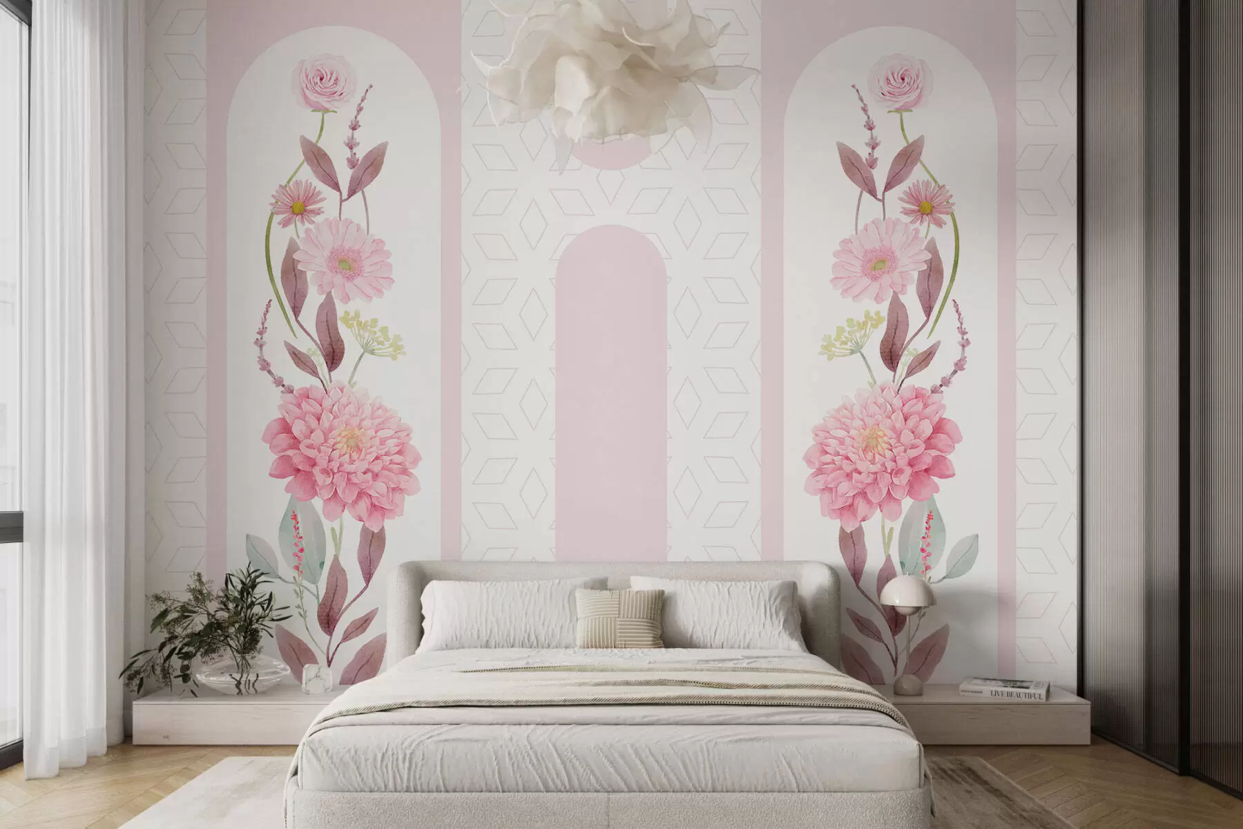 murales de pared Panel de delicadas flores rosas en arcos sobre fondo geométrico w01875