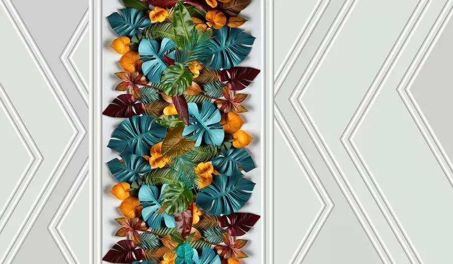 murales de pared papel pintado 3D con coloridas hojas tropicales y geometría sobre fondo gris w01876