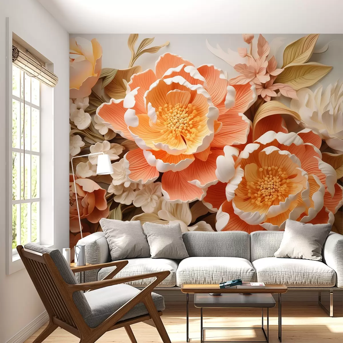 murales de pared Un arreglo floral 3D en tonos melocotón con peonías y rosas estilo Rococo w01939