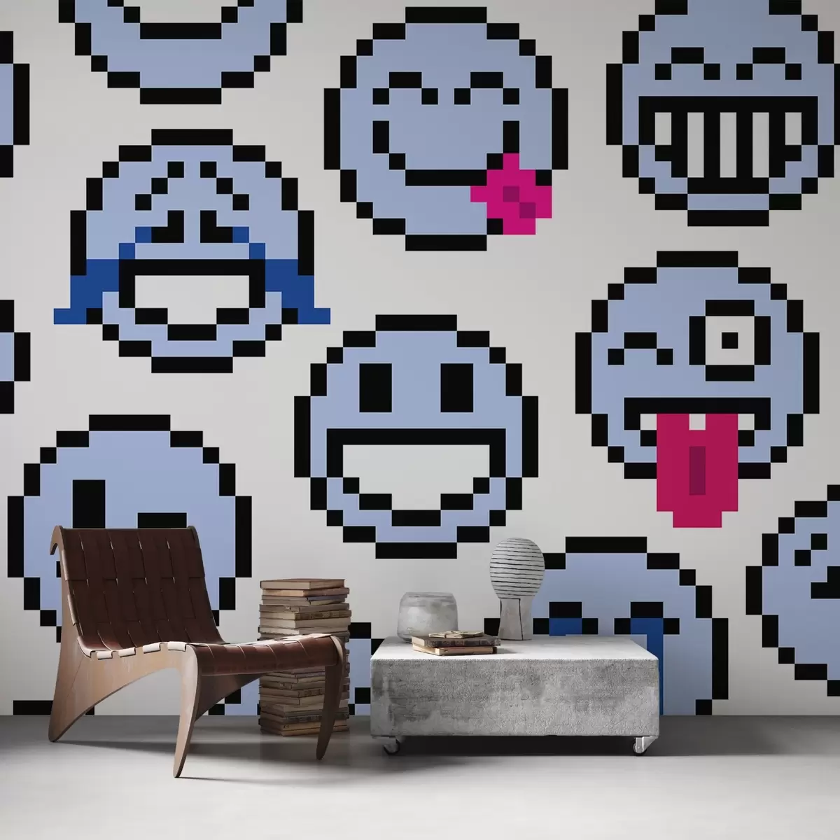 murales de pared Pixel art smileys, color azul w01942v2