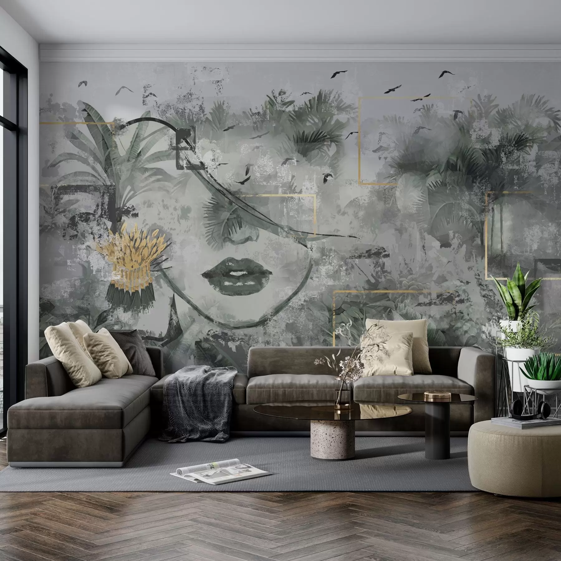 murales de pared Bosque tropical grunge y silueta de cara de niña w01916