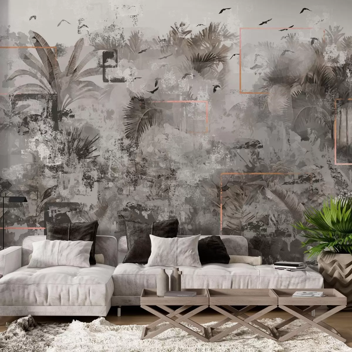 murales de pared Selva tropical de estilo grunge en color beige oscuro w01917v1