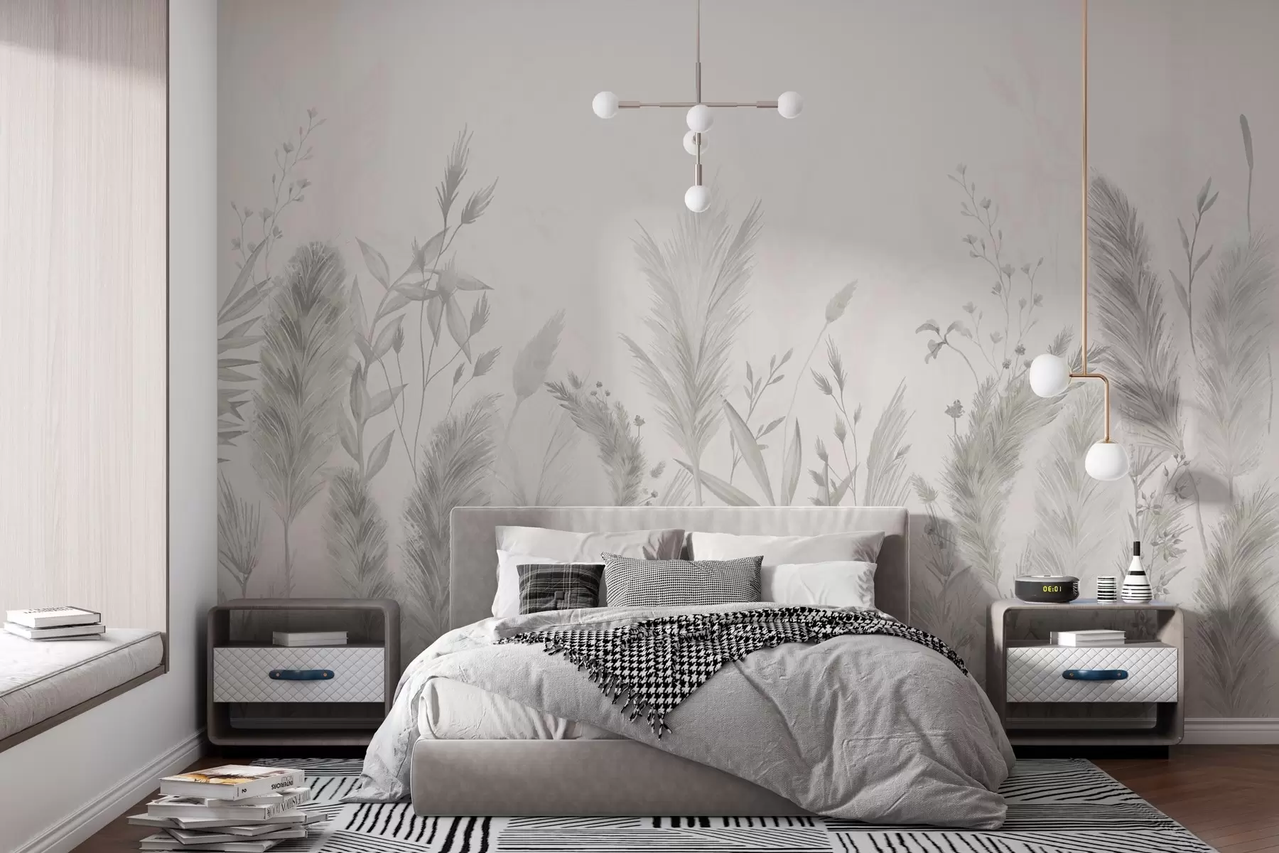 murales de pared Hierbas altas y flores de colores neutros w02004