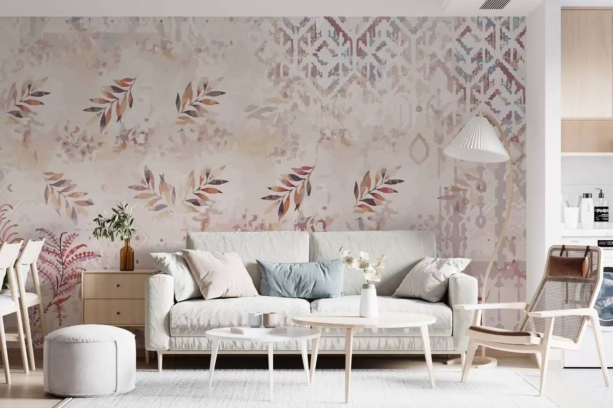 murales de pared papel pintado de estilo retro con motivos, elementos de abrasión, manchas y hojas, con un tono morado w01955v1
