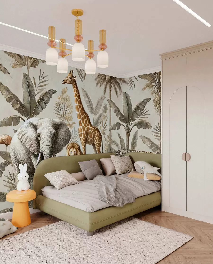 murales de pared Papel pintado infantil Safari con paisaje tropical y varios animales en elegantes colores w01956