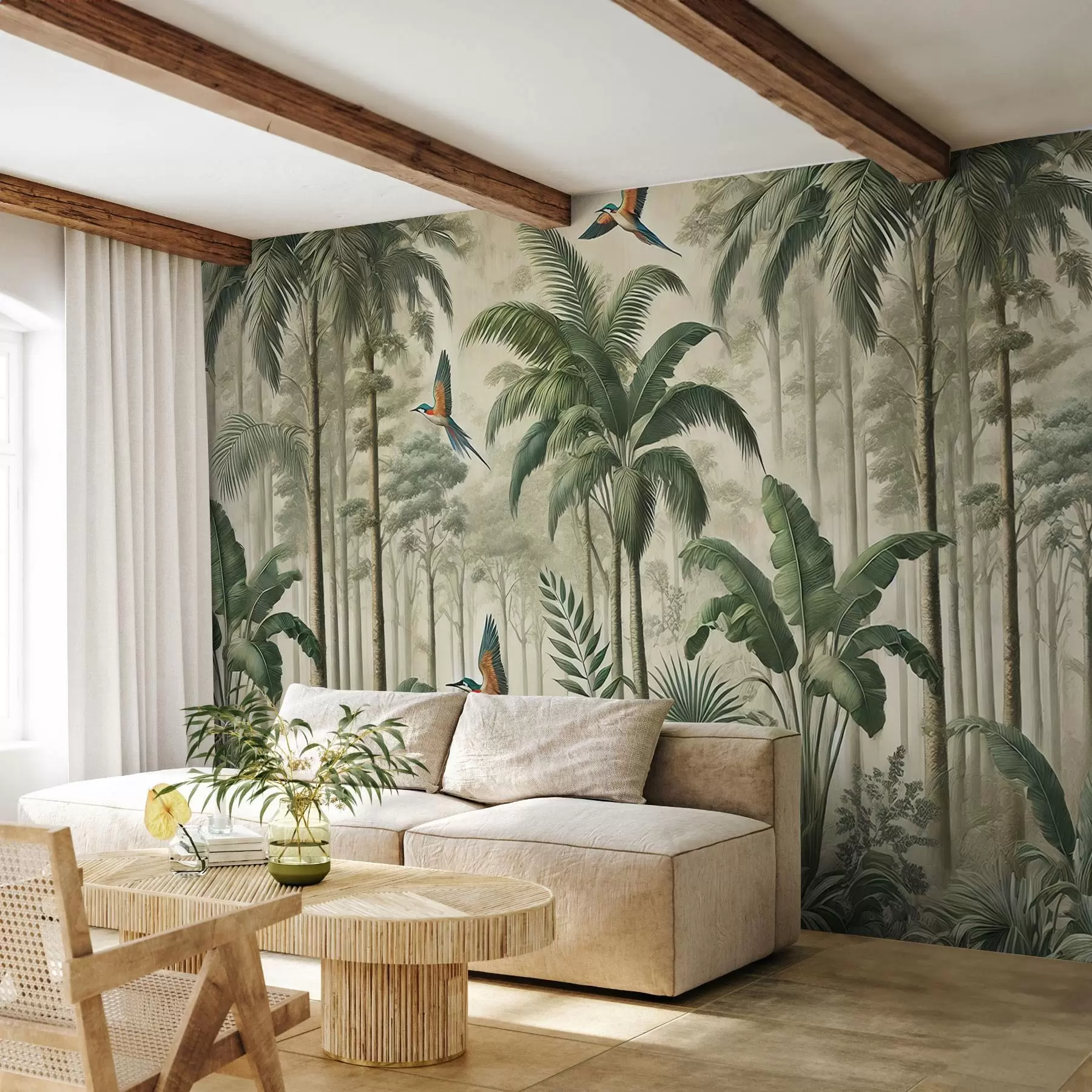 murales de pared Panorama con paisaje tropical y aves w01957