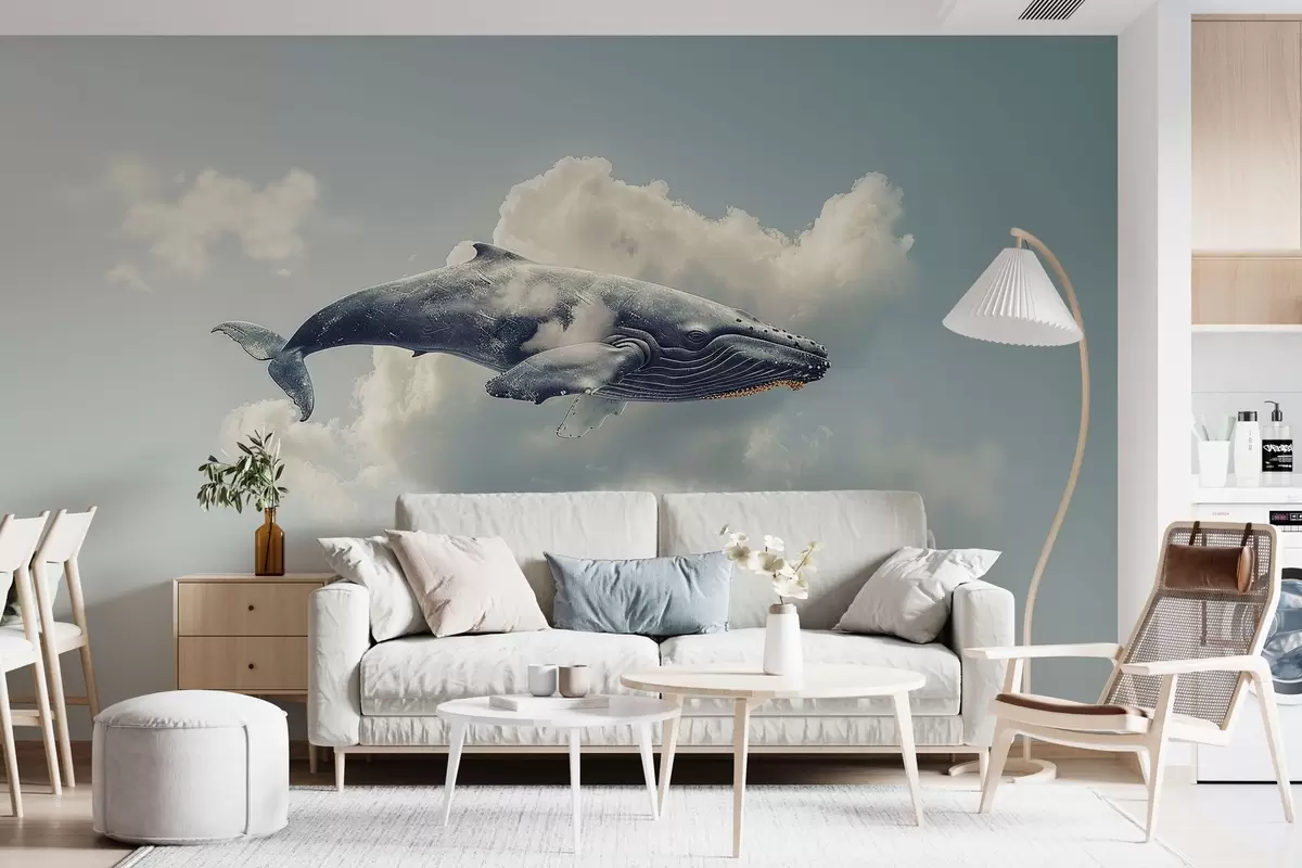 murales de pared Gran ballena de fantasía nadando entre las nubes sobre un fondo de cielo azul claro w01962