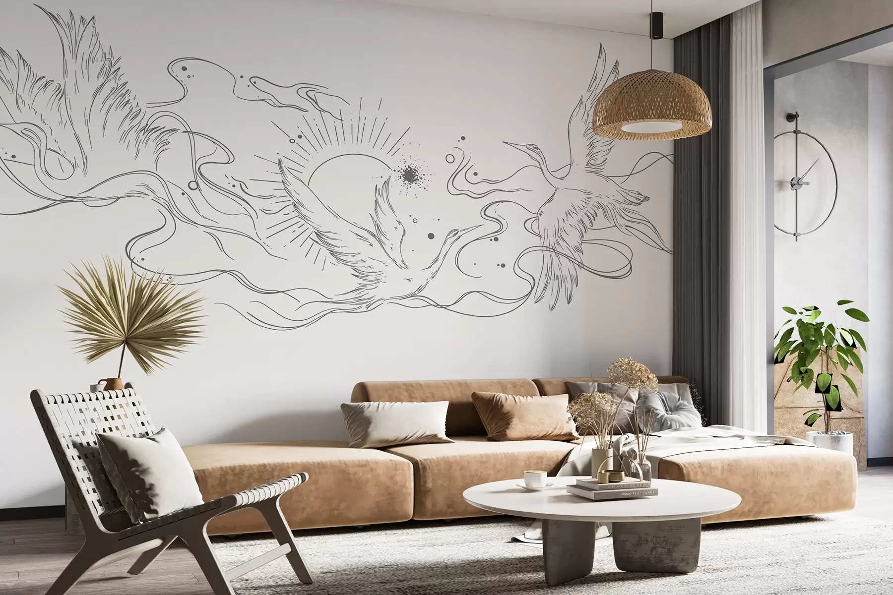 murales de pared Pájaros voladores, dibujo lineal, minimalismo, paleta de colores grises w02022v2