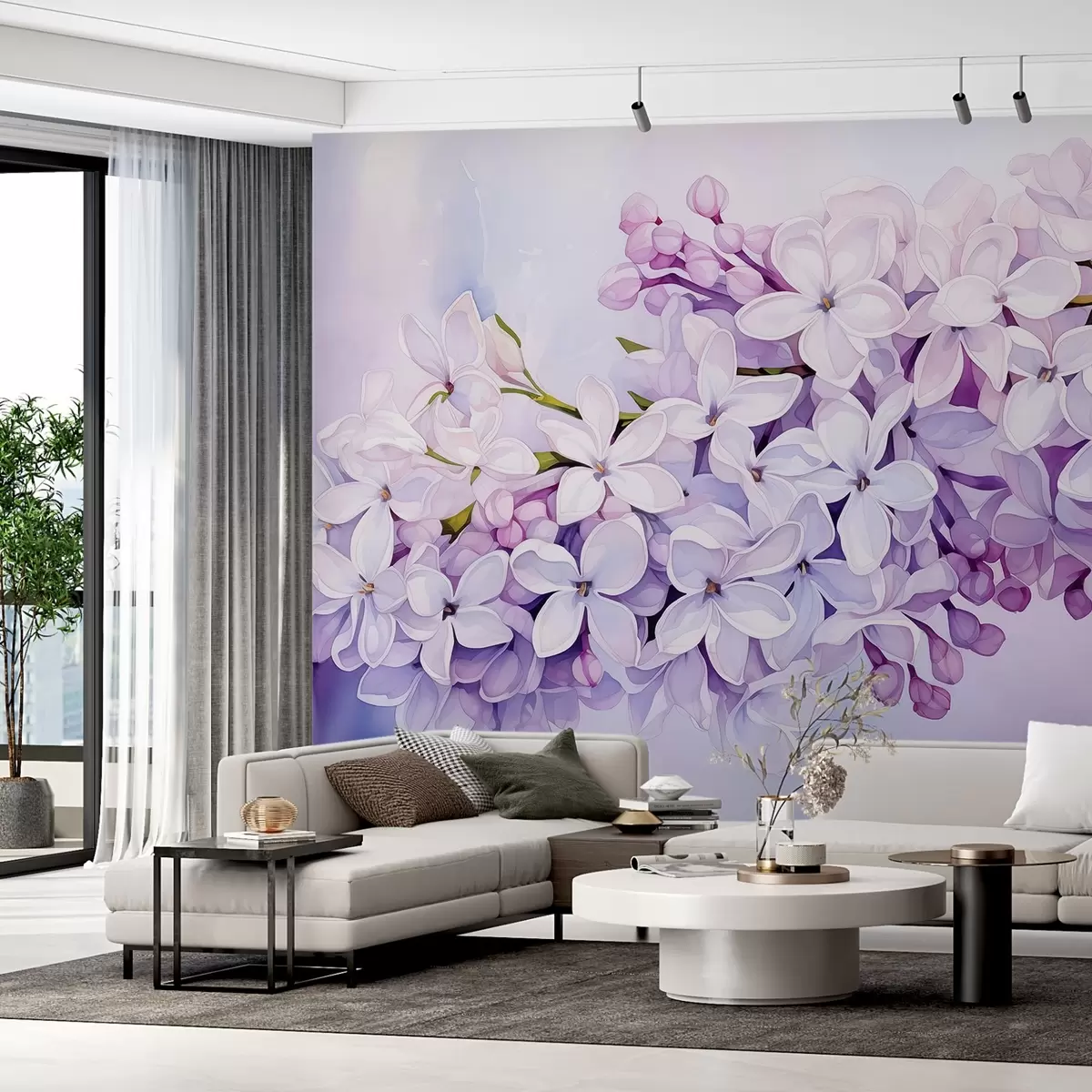 murales de pared Rama con flores lilas acuarela húmeda, tono morado w02050