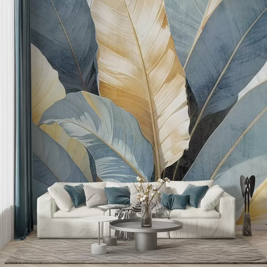 murales de pared Primer plano de grandes y exuberantes hojas tropicales decorativas con textura en tonos azules, verdes y amarillos w08373