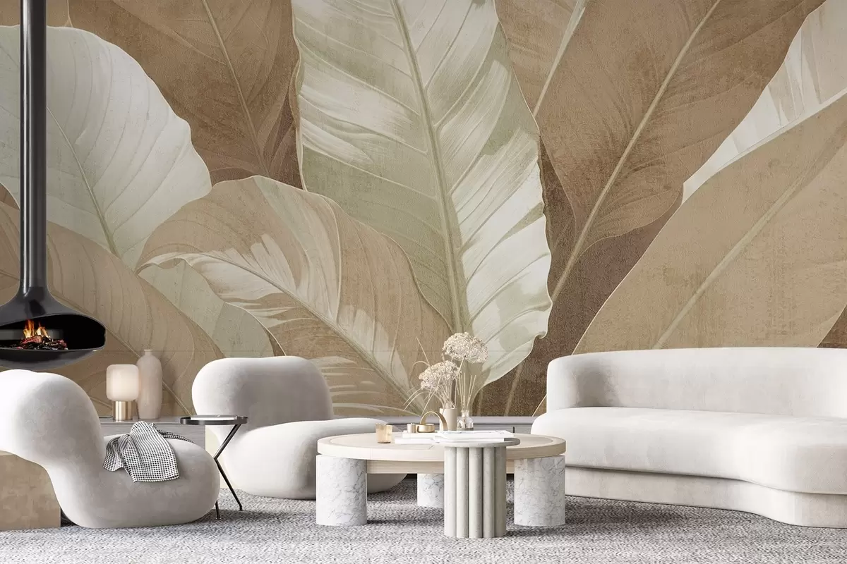 murales de pared Primer plano de grandes hojas tropicales decorativas, exuberantes y texturizadas, en tonos marrones y beige w08373v1
