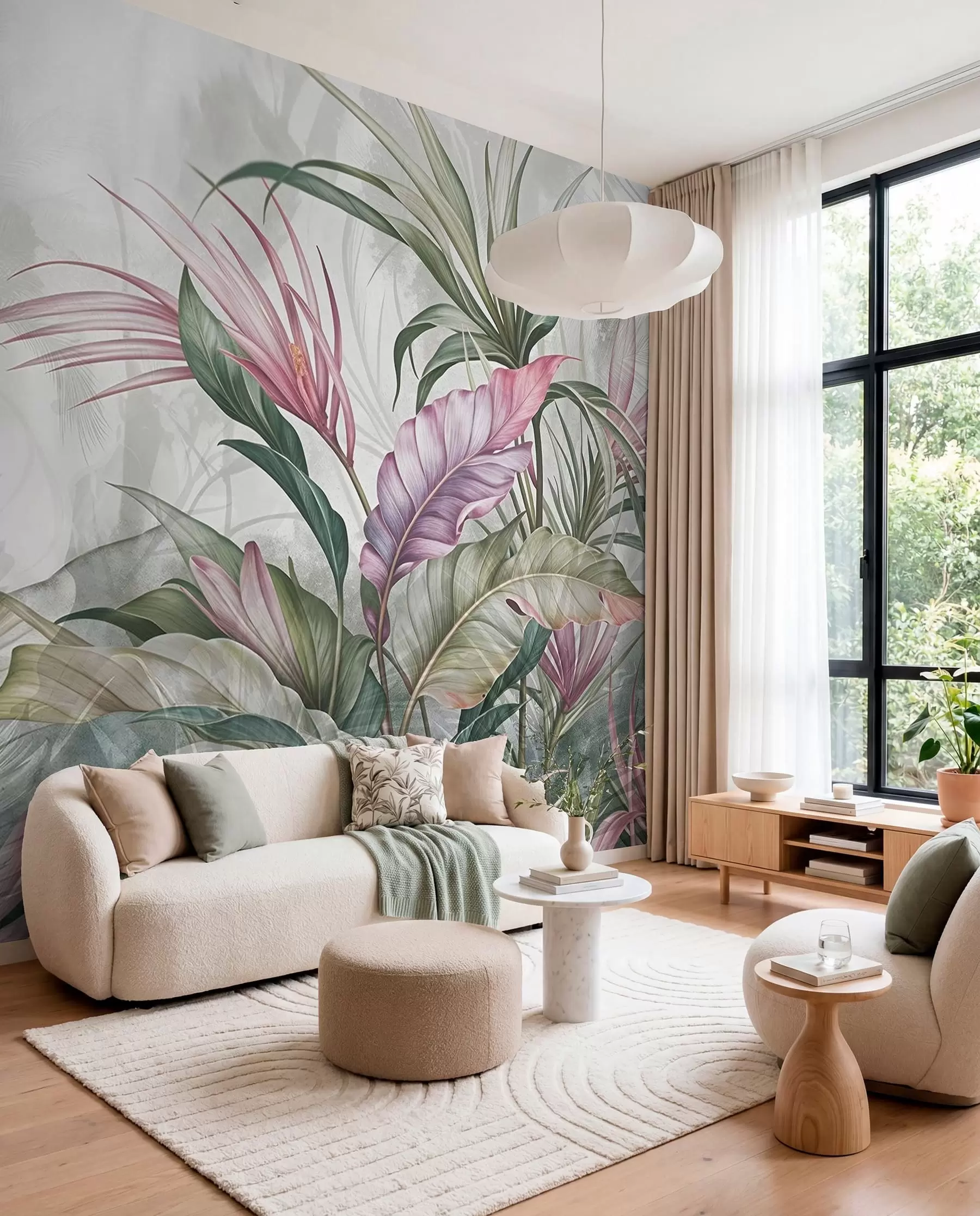murales de pared Follaje rosa y verde w08375