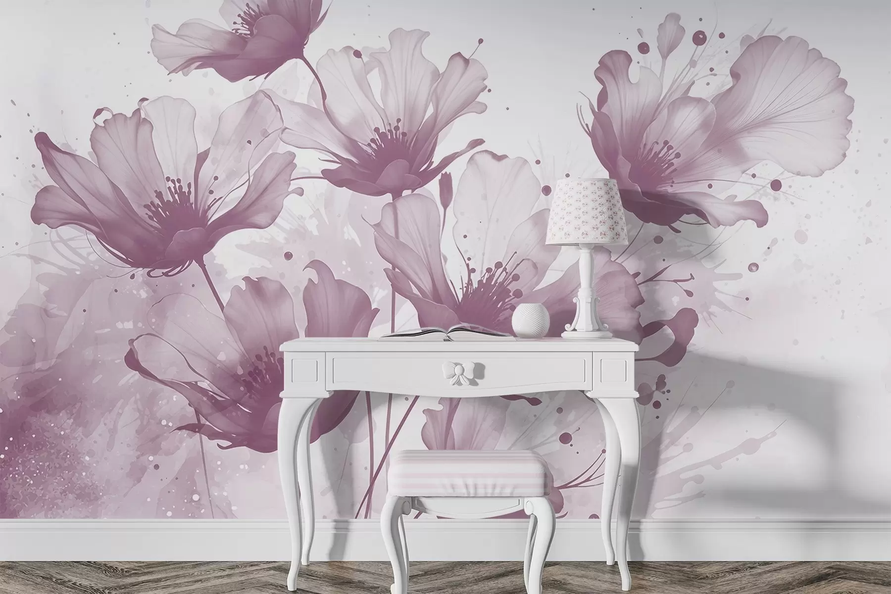 murales de pared Delicadas flores rosas con pétalos suaves y difuminados y salpicaduras de acuarela sobre un fondo claro w08376v2