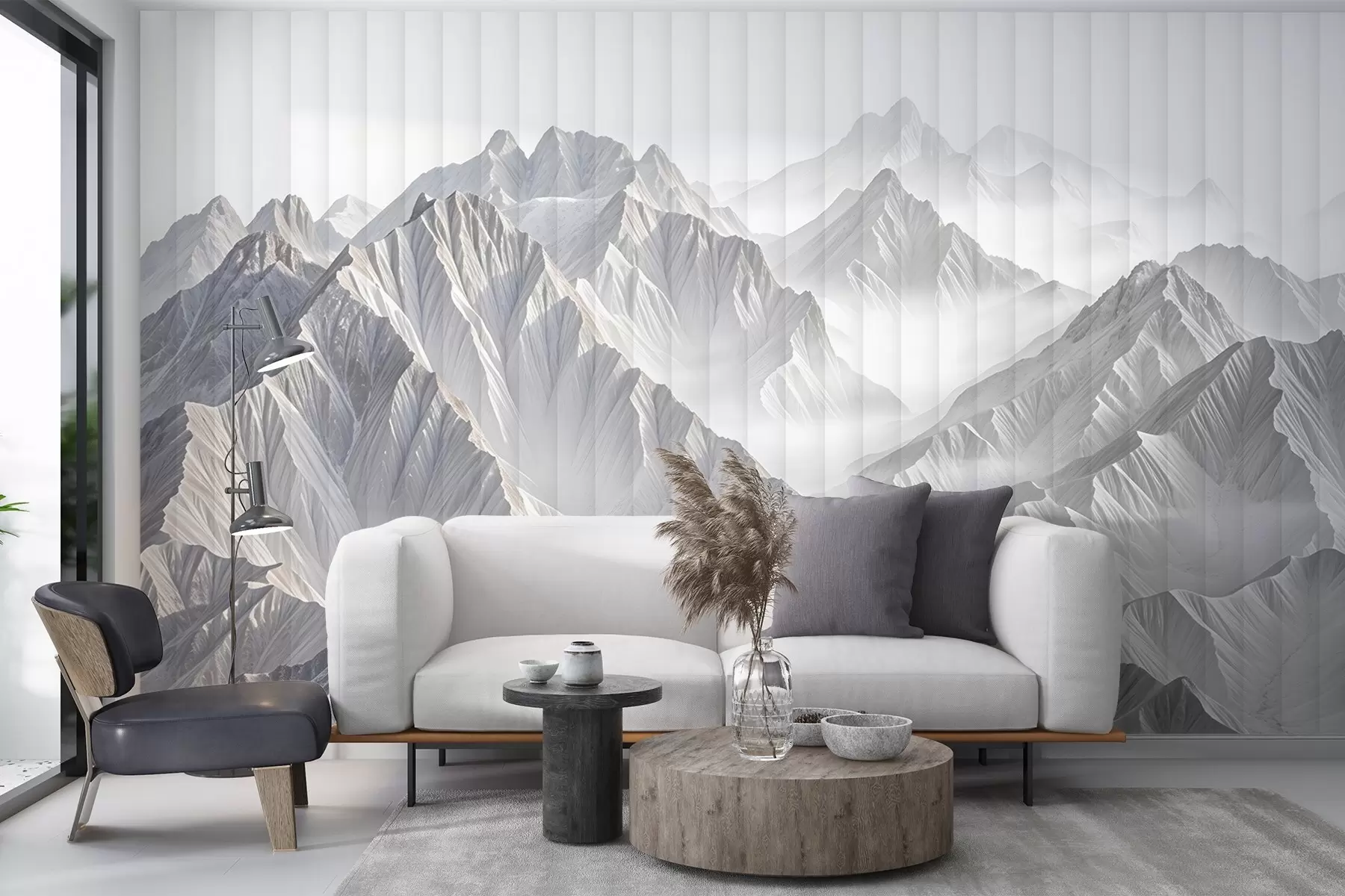 murales de pared Picos de montaña minimalistas con textura nevada en un paisaje brumoso y etéreo w08378