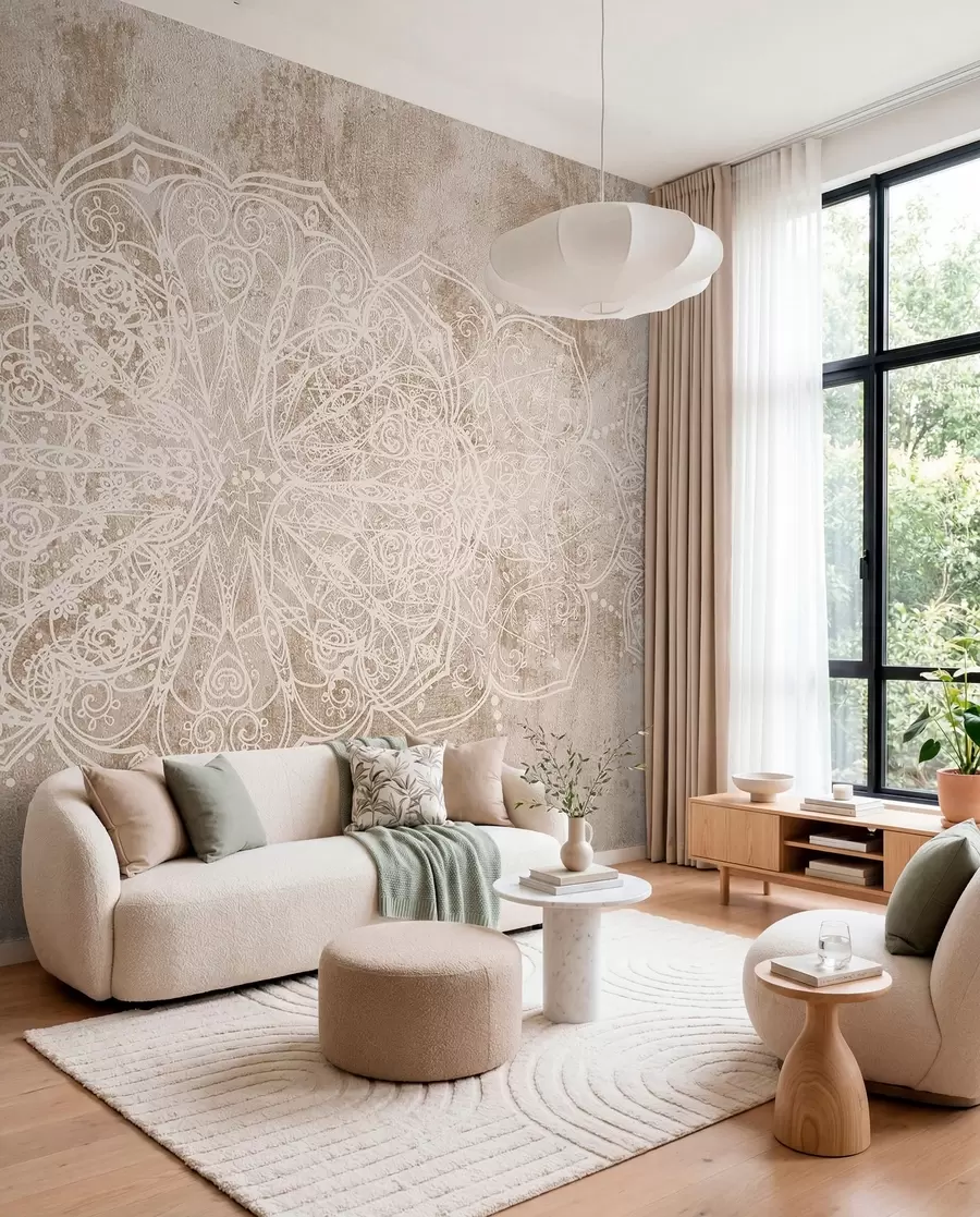 murales de pared Un detallado e intrincado dibujo de mandala de encaje blanco sobre un fondo de pared de color marrón beige con textura de loft w08387v1