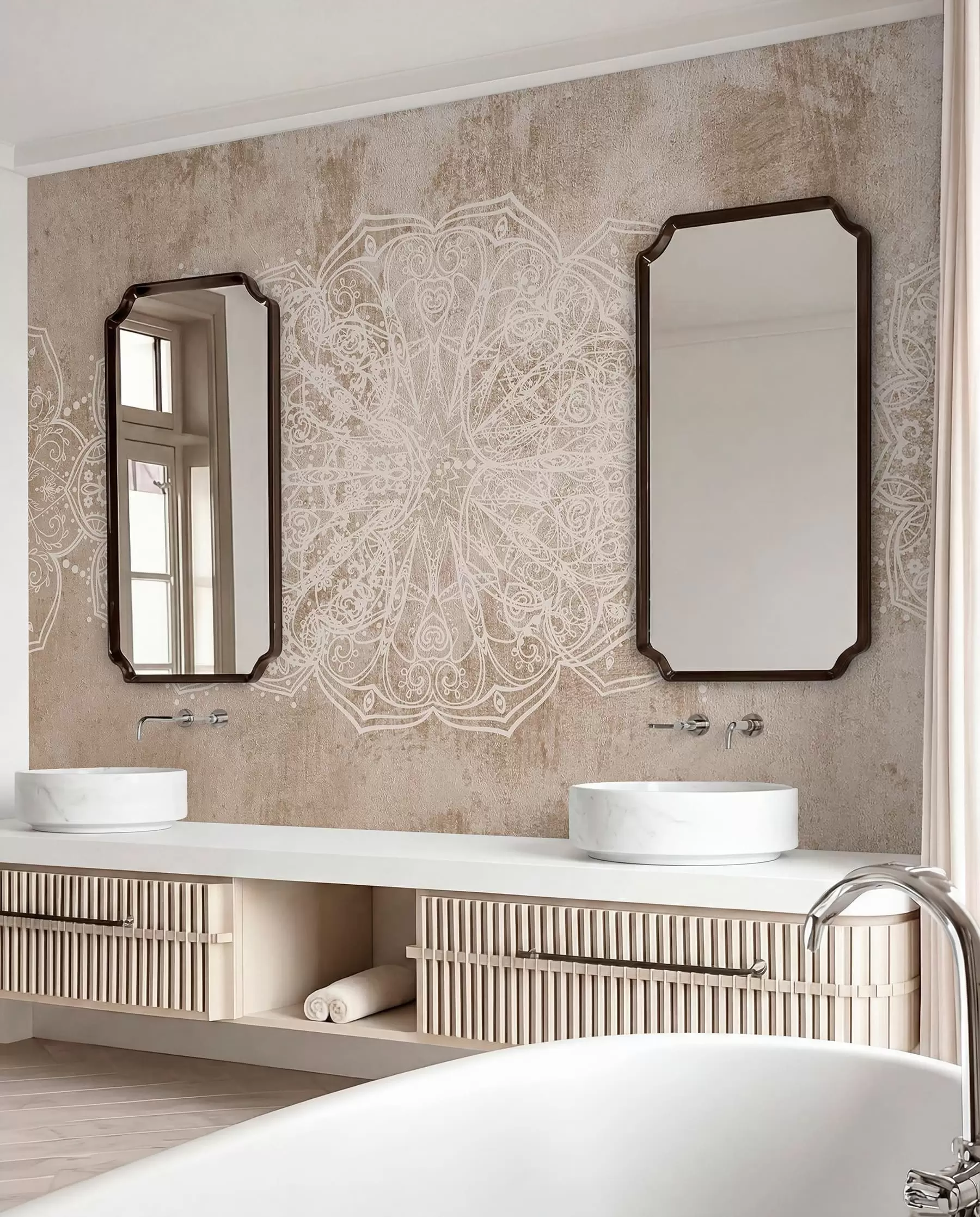 murales de pared Un detallado e intrincado dibujo de mandala de encaje blanco sobre un fondo de pared de color marrón beige con textura de loft w08387v1